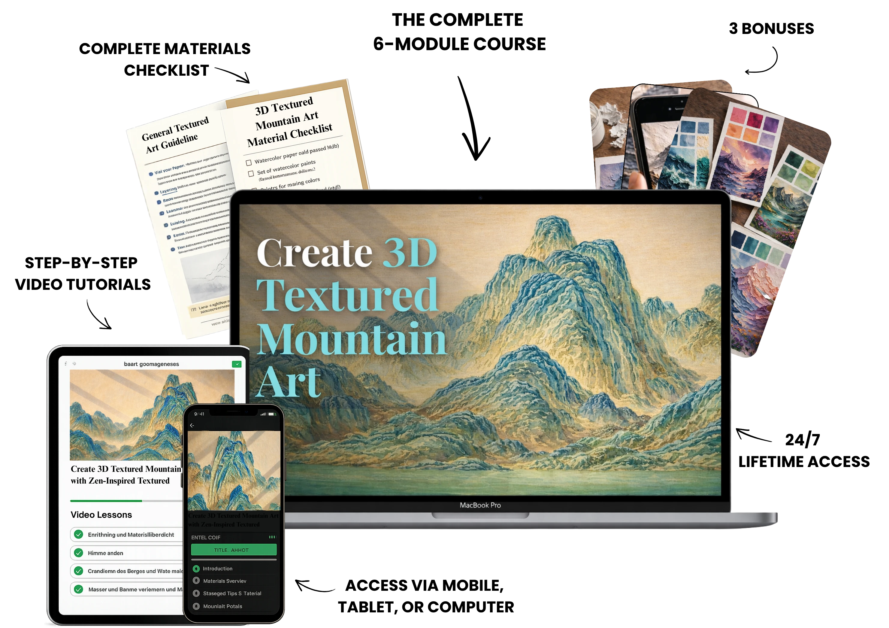 Complete course package with bonuses: video tutorials, materials checklist, 3 bonuses, mobile access, lifetime access