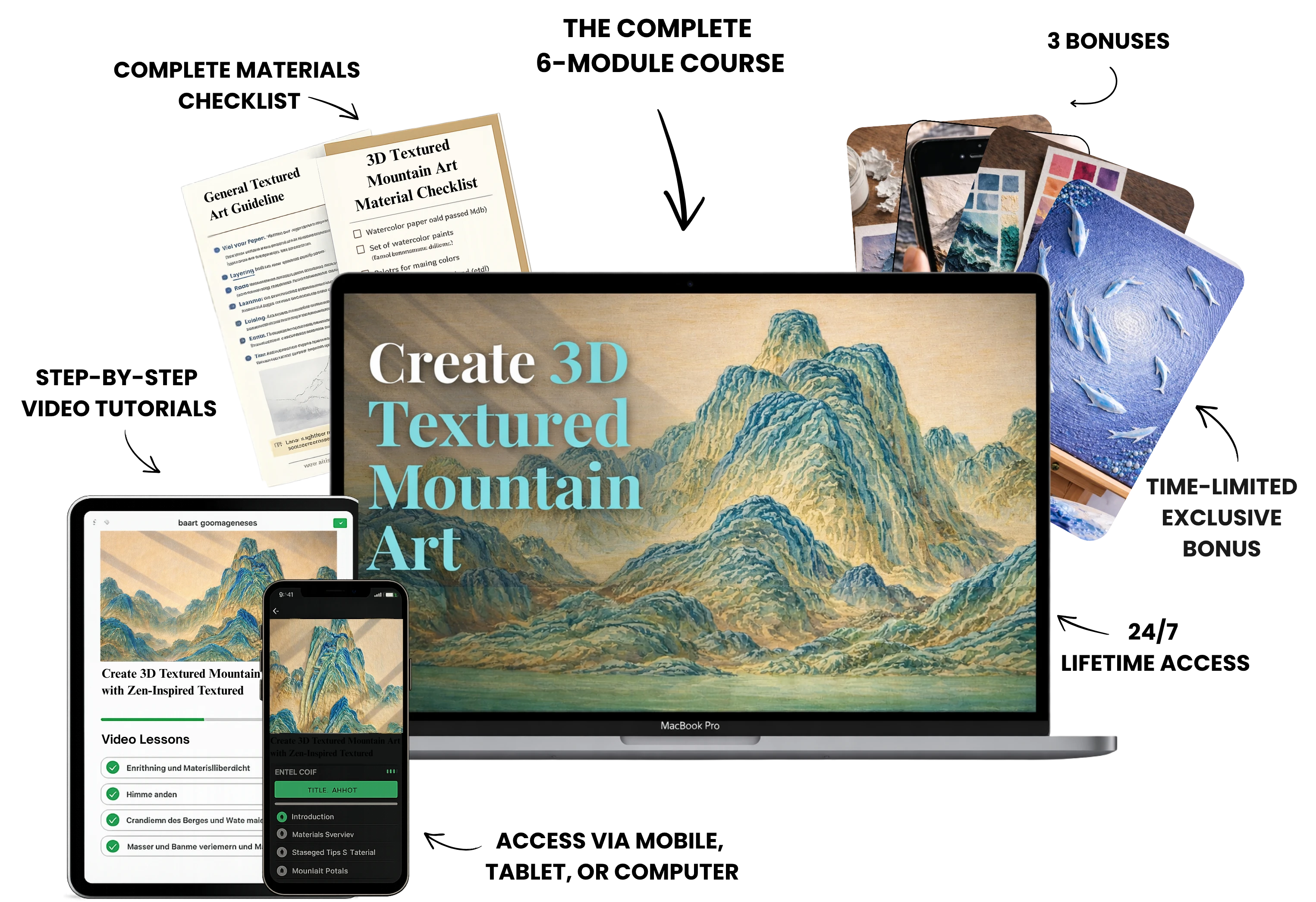 Complete course package with bonuses: video tutorials, materials checklist, 4 bonuses, mobile access, lifetime access