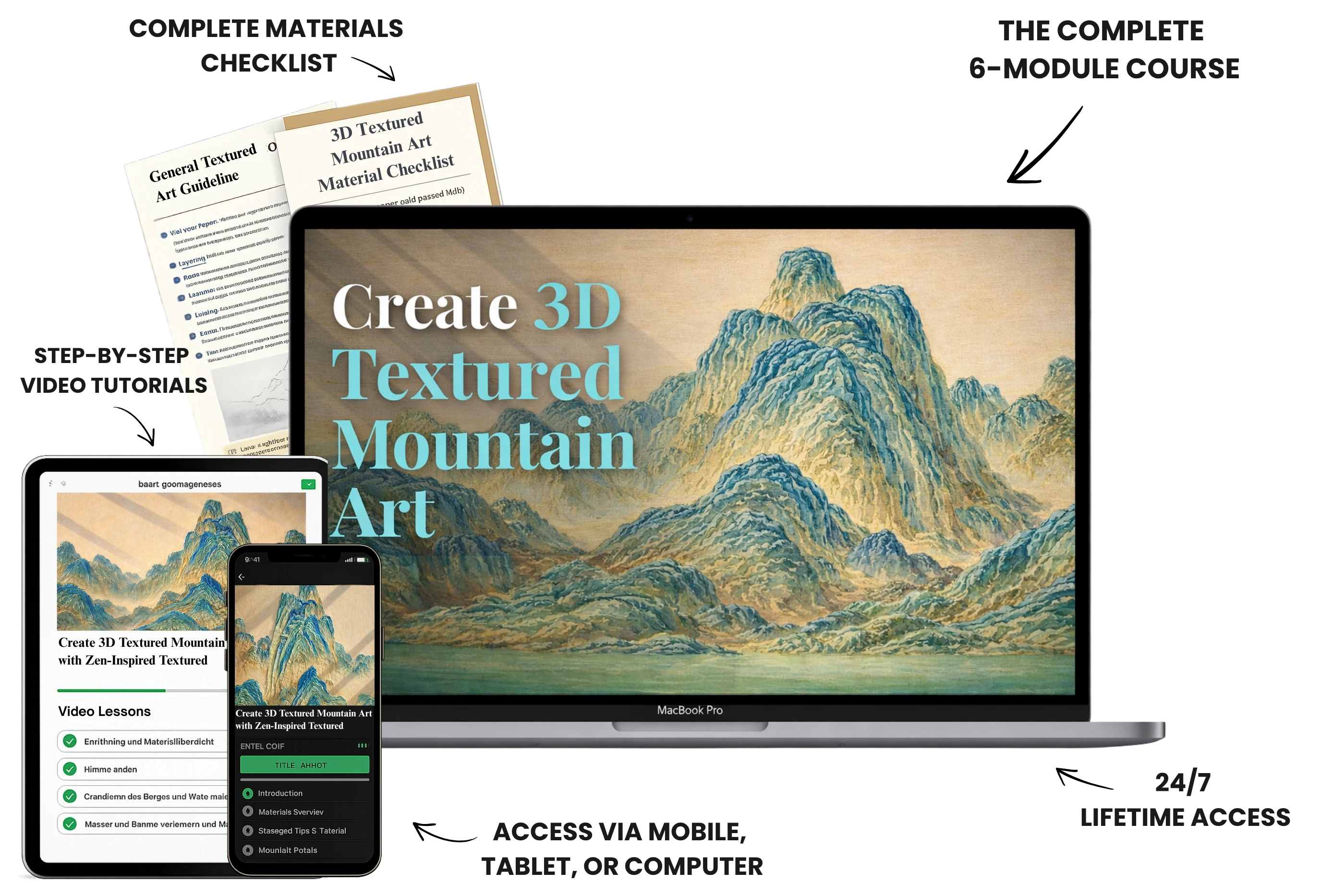 Course package: video tutorials, materials checklist, mobile access, lifetime access