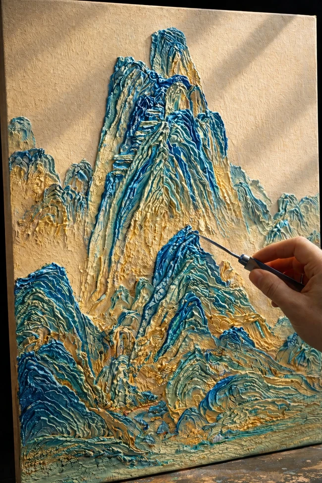 Close-up of textured mountain art painting